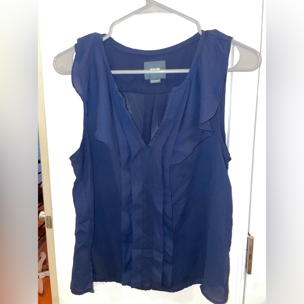Anthropologie Maeve Navy Blue Ruffle Front Sleeveless Blouse Size 6P